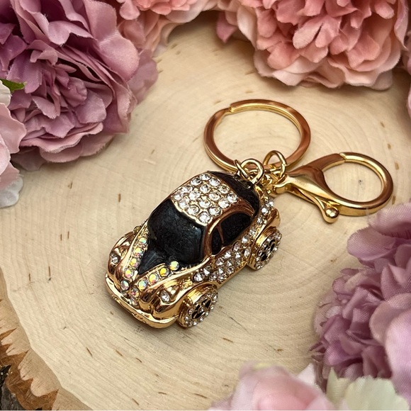 Retro Black and Gold Crystal Coupe Car Keychain Charm - Picture 11 of 16
